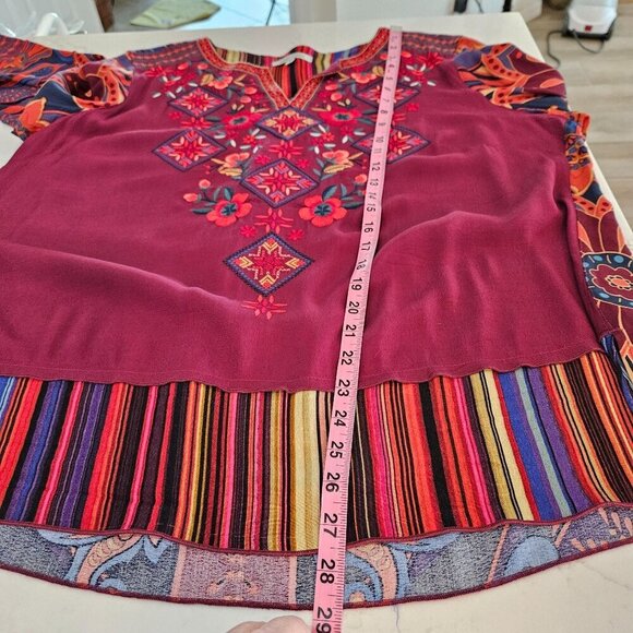 John Mark Top Large Boho Embroidered Floral Burgundy Artsy - Picture 10 of 12